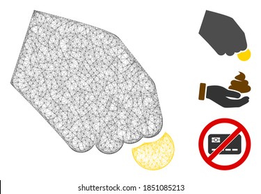 Mesh hand pay coin polygonal web icon vector illustration. Carcass model is based on hand pay coin flat icon. Triangular network forms abstract hand pay coin flat model.