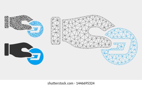 Mesh hand pay Dash model with triangle mosaic icon. Wire frame triangular mesh of hand pay Dash. Vector composition of triangle parts in variable sizes, and color tints.