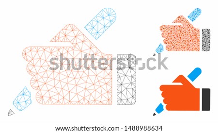 Mesh hand pencil model with triangle mosaic icon. Wire carcass triangular mesh of hand pencil. Vector composition of triangle parts in different sizes, and color tinges.