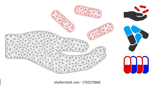 Mesh hand with pills polygonal 2d vector illustration. Carcass model is based on hand with pills flat icon. Triangle mesh forms abstract hand with pills flat carcass.