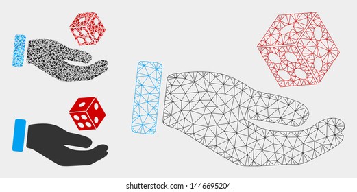 Mesh hand play dice model with triangle mosaic icon. Wire frame polygonal mesh of hand play dice. Vector composition of triangle parts in different sizes, and color tinges.