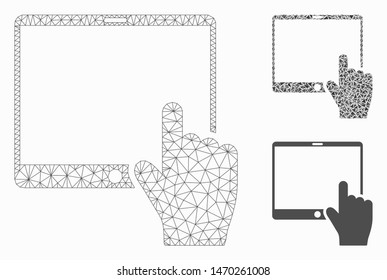 Mesh hand points mobile tablet model with triangle mosaic icon. Wire frame triangular mesh of hand points mobile tablet. Vector composition of triangle parts in various sizes, and color hues.