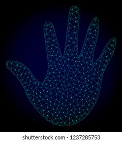 Mesh hand polygonal illustration. Abstract mesh lines, triangles and points on dark background with hand. Wire frame 2D polygonal line network in vector format on a dark blue background.