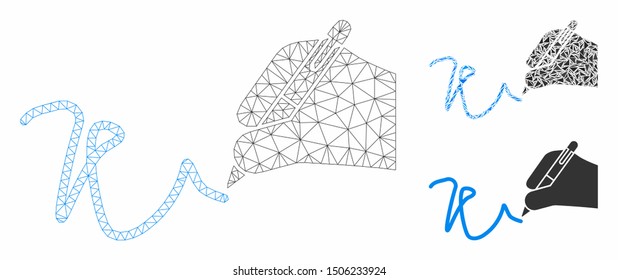 Mesh hand signature model with triangle mosaic icon. Wire frame polygonal mesh of hand signature. Vector mosaic of triangle parts in variable sizes, and color shades.