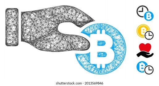 Mesh hand take Bitcoin web 2d vector illustration. Carcass model is based on hand take Bitcoin flat icon. Mesh forms abstract hand take Bitcoin flat model.