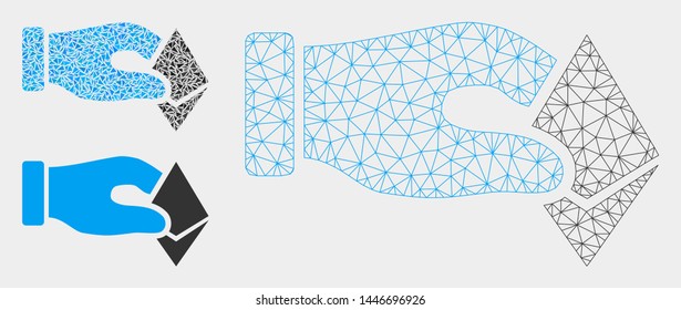 Mesh hand take Ethereum model with triangle mosaic icon. Wire carcass polygonal mesh of hand take Ethereum. Vector mosaic of triangle parts in variable sizes, and color shades.