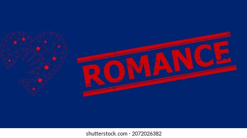 Mesh hand touch heart polygonal 2d vector illustration, and red ROMANCE dirty badge. Carcass model is based on hand touch heart flat icon, with stars and polygonal mesh.