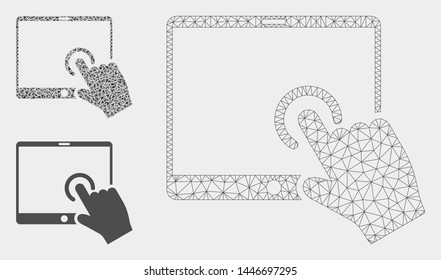 Mesh hand touch PDA model with triangle mosaic icon. Wire frame triangular mesh of hand touch PDA. Vector mosaic of triangle parts in different sizes, and color tints.