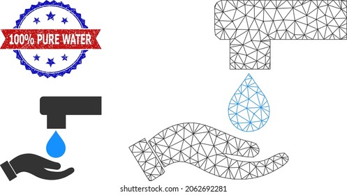Mesh hand washing wireframe illustration, and bicolor textured 100 percent Pure Water seal. Polygonal wireframe illustration is designed with hand washing icon.