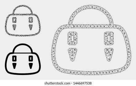 Mesh handbag model with triangle mosaic icon. Wire carcass triangular mesh of handbag. Vector mosaic of triangles in various sizes, and color tinges. Abstract 2d mesh handbag,