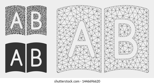 Mesh handbook model with triangle mosaic icon. Wire carcass triangular mesh of handbook. Vector mosaic of triangle parts in variable sizes, and color hues. Abstract flat mesh handbook,