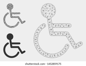 Mesh handicapped model with triangle mosaic icon. Wire carcass triangular network of handicapped. Vector mosaic of triangle elements in different sizes, and color tints. Abstract 2d mesh handicapped,