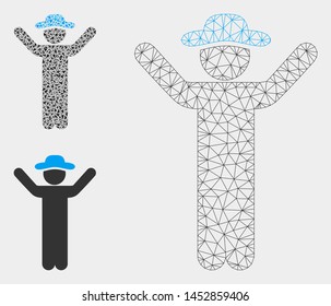 Mesh hands up gentleman model with triangle mosaic icon. Wire frame polygonal mesh of hands up gentleman. Vector composition of triangles in various sizes, and color hues.