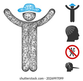 Mesh hands up gentleman web icon vector illustration. Model is based on hands up gentleman flat icon. Mesh forms abstract hands up gentleman flat carcass.