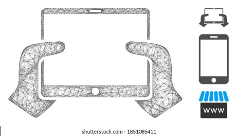 Mesh hands hold PDA polygonal web icon vector illustration. Carcass model is based on hands hold PDA flat icon. Triangular mesh forms abstract hands hold PDA flat model.