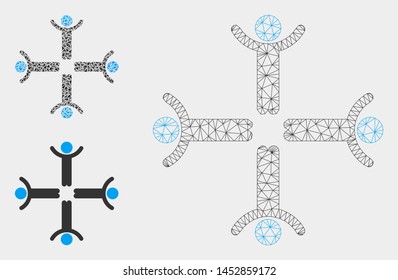 Mesh hands up men model with triangle mosaic icon. Wire frame polygonal mesh of hands up men. Vector mosaic of triangle parts in various sizes, and color tinges. Abstract 2d mesh hands up men,