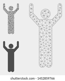 Mesh hands up pose model with triangle mosaic icon. Wire carcass polygonal mesh of hands up pose. Vector collage of triangle elements in different sizes, and color shades.