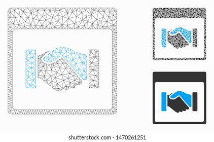 Mesh handshake calendar page model with triangle mosaic icon. Wire carcass polygonal mesh of handshake calendar page. Vector mosaic of triangle elements in various sizes, and color tones.