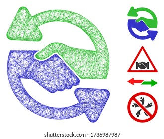 Mesh handshake exchange arrows web icon vector illustration. Carcass model is created from handshake exchange arrows flat icon. Network forms abstract handshake exchange arrows flat carcass.