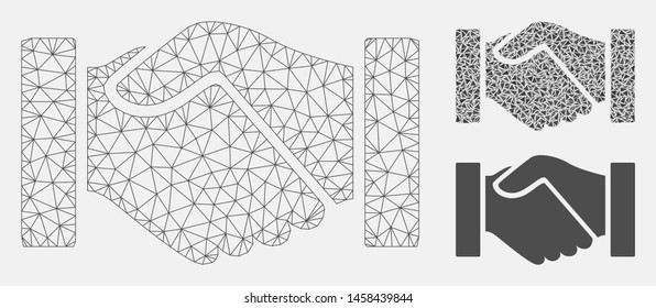 Mesh handshake model with triangle mosaic icon. Wire carcass polygonal mesh of handshake. Vector collage of triangle parts in different sizes, and color hues. Abstract flat mesh handshake,