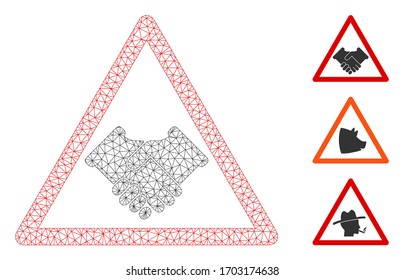 Mesh handshake warning polygonal icon vector illustration. Carcass model is based on handshake warning flat icon. Triangular mesh forms abstract handshake warning flat model.