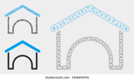 Mesh hangar model with triangle mosaic icon. Wire carcass triangular mesh of hangar. Vector composition of triangle elements in variable sizes, and color hues. Abstract flat mesh hangar,
