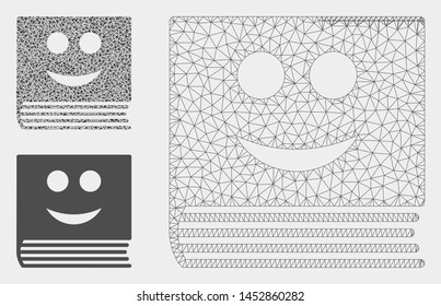 Mesh happy book model with triangle mosaic icon. Wire carcass polygonal mesh of happy book. Vector mosaic of triangle parts in different sizes, and color hues. Abstract 2d mesh happy book,