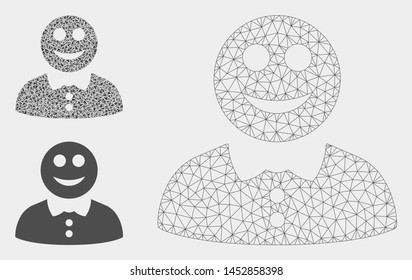 Mesh happy boy model with triangle mosaic icon. Wire frame polygonal mesh of happy boy. Vector collage of triangles in various sizes, and color tones. Abstract flat mesh happy boy,