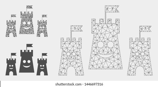 Mesh happy bulwark model with triangle mosaic icon. Wire carcass triangular mesh of happy bulwark. Vector mosaic of triangle parts in various sizes, and color shades. Abstract 2d mesh happy bulwark,