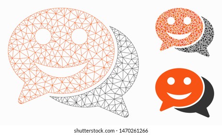 Mesh happy chat model with triangle mosaic icon. Wire frame triangular network of happy chat. Vector composition of triangle elements in various sizes, and color shades. Abstract 2d mesh happy chat,