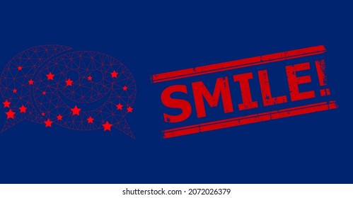 Mesh happy chat polygonal 2d vector illustration, and red SMILE Exclamation rubber stamp seal. Carcass model is created from happy chat flat icon, with stars and triangular mesh.