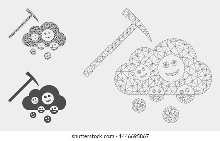Mesh happy cloud mining model with triangle mosaic icon. Wire carcass triangular mesh of happy cloud mining. Vector mosaic of triangle parts in various sizes, and color tinges.