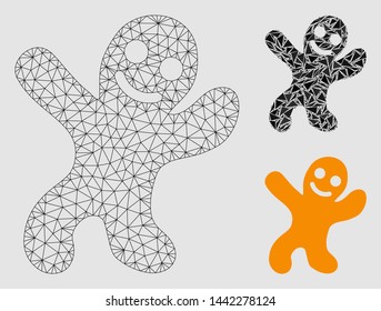 Mesh happy cookie man model with triangle mosaic icon. Wire frame polygonal mesh of happy cookie man. Vector mosaic of triangle elements in variable sizes and color tinges.