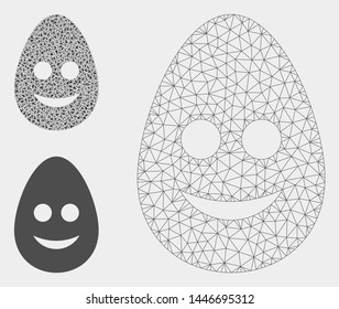 Mesh happy egg model with triangle mosaic icon. Wire frame triangular mesh of happy egg. Vector collage of triangle elements in different sizes, and color shades. Abstract 2d mesh happy egg,