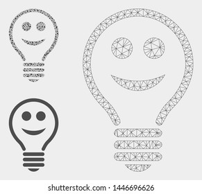 Mesh happy electric bulb model with triangle mosaic icon. Wire carcass polygonal mesh of happy electric bulb. Vector mosaic of triangles in variable sizes, and color tones.