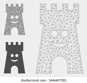 Mesh happy fort tower model with triangle mosaic icon. Wire frame triangular mesh of happy fort tower. Vector mosaic of triangle parts in variable sizes, and color shades.