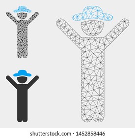 Mesh happy gentleman model with triangle mosaic icon. Wire frame polygonal mesh of happy gentleman. Vector mosaic of triangle parts in various sizes, and color tinges.
