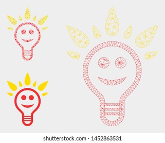 Mesh happy light bulb model with triangle mosaic icon. Wire frame polygonal mesh of happy light bulb. Vector mosaic of triangles in different sizes, and color hues. Abstract 2d mesh happy light bulb,