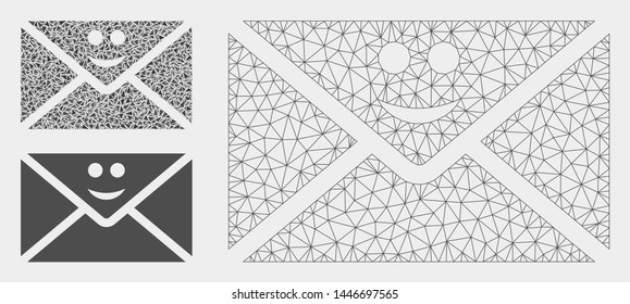 Mesh happy mail model with triangle mosaic icon. Wire frame polygonal network of happy mail. Vector mosaic of triangle parts in variable sizes, and color tints. Abstract flat mesh happy mail,