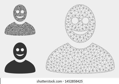 Mesh happy person model with triangle mosaic icon. Wire frame triangular mesh of happy person. Vector mosaic of triangle parts in variable sizes, and color tints. Abstract 2d mesh happy person,