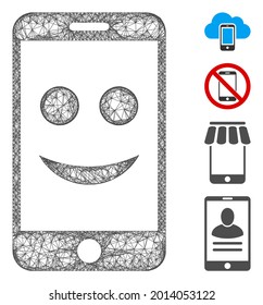 Ilustración vectorial 2d de la web de smartphone feliz en malla. El modelo Carcass se basa en un icono plano feliz para smartphones. Formas de red abstractas de feliz canal de smartphone.