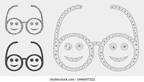 Mesh happy spectacles model with triangle mosaic icon. Wire carcass polygonal mesh of happy spectacles. Vector composition of triangle elements in different sizes, and color tones.