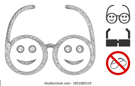 Mesh happy spectacles polygonal web symbol vector illustration. Carcass model is based on happy spectacles flat icon. Triangle network forms abstract happy spectacles flat carcass.
