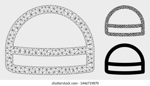 Mesh hardhat model with triangle mosaic icon. Wire carcass polygonal mesh of hardhat. Vector collage of triangle parts in various sizes, and color hues. Abstract 2d mesh hardhat,