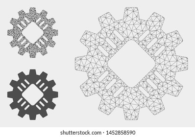 Mesh hardware gear model with triangle mosaic icon. Wire frame triangular mesh of hardware gear. Vector mosaic of triangle parts in various sizes, and color tones. Abstract 2d mesh hardware gear,