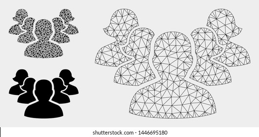 Mesh harem model with triangle mosaic icon. Wire carcass triangular mesh of harem. Vector mosaic of triangle parts in variable sizes, and color tones. Abstract flat mesh harem, created from triangles.