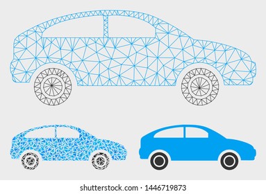 Mesh hatchback model with triangle mosaic icon. Wire frame polygonal mesh of hatchback. Vector mosaic of triangle elements in different sizes, and color shades. Abstract 2d mesh hatchback,