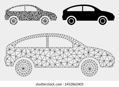 Mesh hatchback model with triangle mosaic icon. Wire frame triangular network of hatchback. Vector mosaic of triangle parts in various sizes, and color hues. Abstract 2d mesh hatchback,