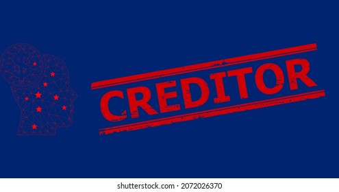 Ilustración vectorial de íconos polígonos de cabeza de malla y placa texturizada de CREDITOR rojo. El modelo de canal se basa en un icono plano de banca de cabeza, con estrellas y malla triangular.