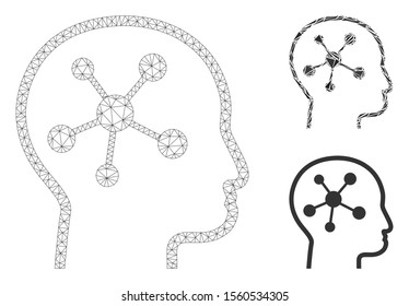 Mesh head brain model with triangle mosaic icon. Wire frame triangular mesh of head brain. Vector mosaic of triangle parts in variable sizes, and color shades. Abstract 2d mesh head brain,